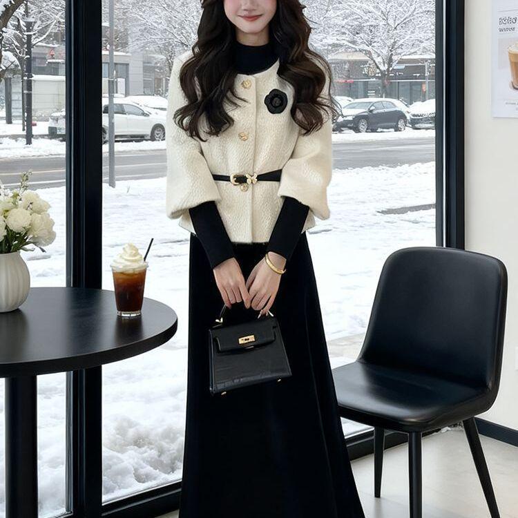 Women's Winter Three-Piece French Coco Style: Regular Shoulder Jacket, Fitted Knit Top, Waist-Cinched Skirt