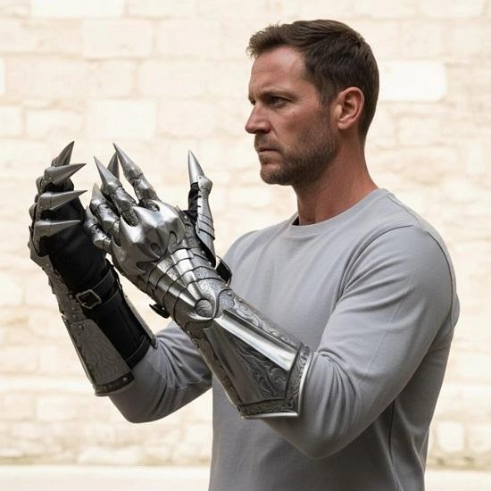 Rękawice Nazgul z grawerem Srebrna Średniowieczna Zbroja, Gotyckie Stalowe Ochraniacze Dłoni Fantasy do LARP Cosplay i Kostiumu na Halloween