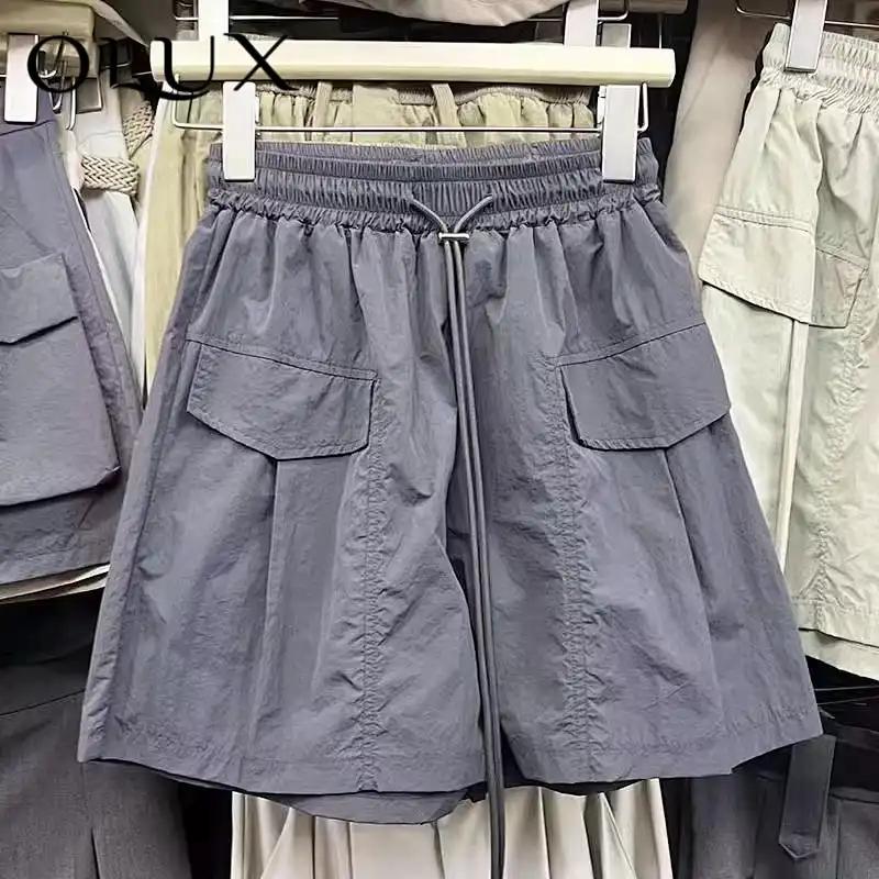 Women s Quick-Dry Cargo Shorts, Elastic Waist Drawstring Casual Shorts With Patch Pockets S серый