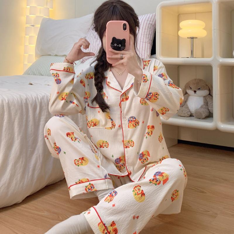 

Пижама в стиле Харадзюку с мультяшным принтом для женщин, комплект из 2 предметов с длинным рукавом, женская пижама на осень-зиму, мягкая повседневная домашняя одежда XXL