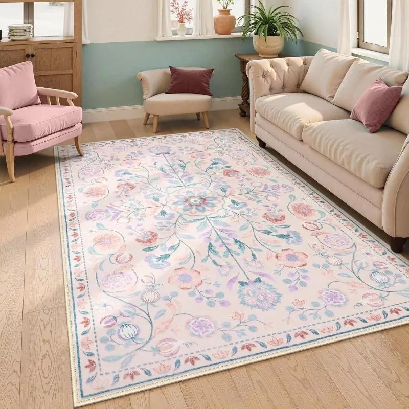Bohemian Pink Floral Area Rug for Living Room Bedroom Non-Slip Soft Machine Washable Floor Mat Home Decor