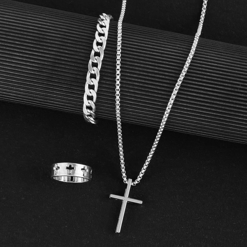 3pcs Set Men's Stainless Steel Metal Cross Pendant Chain Necklace Bracelet Ring Zircon Set Male Hip Hop Daily Wear Accessories