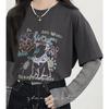 Women's 2025 Summer Retro Graffiti Print Loose Fit Mesh Long Sleeve T-Shirt (Two-Piece Style)