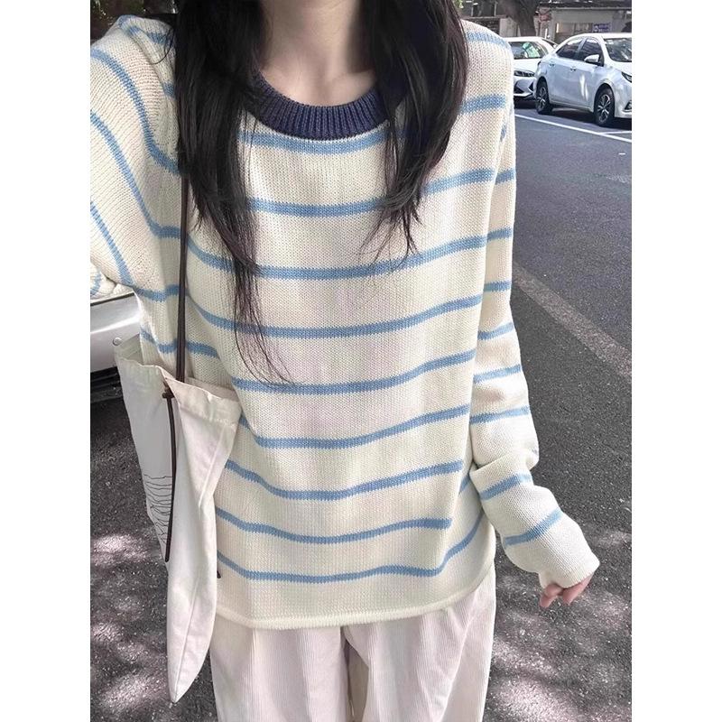 [Sheep wool] Korean striped round neck pullover women's autumn and winter 2025 new knitted sweater