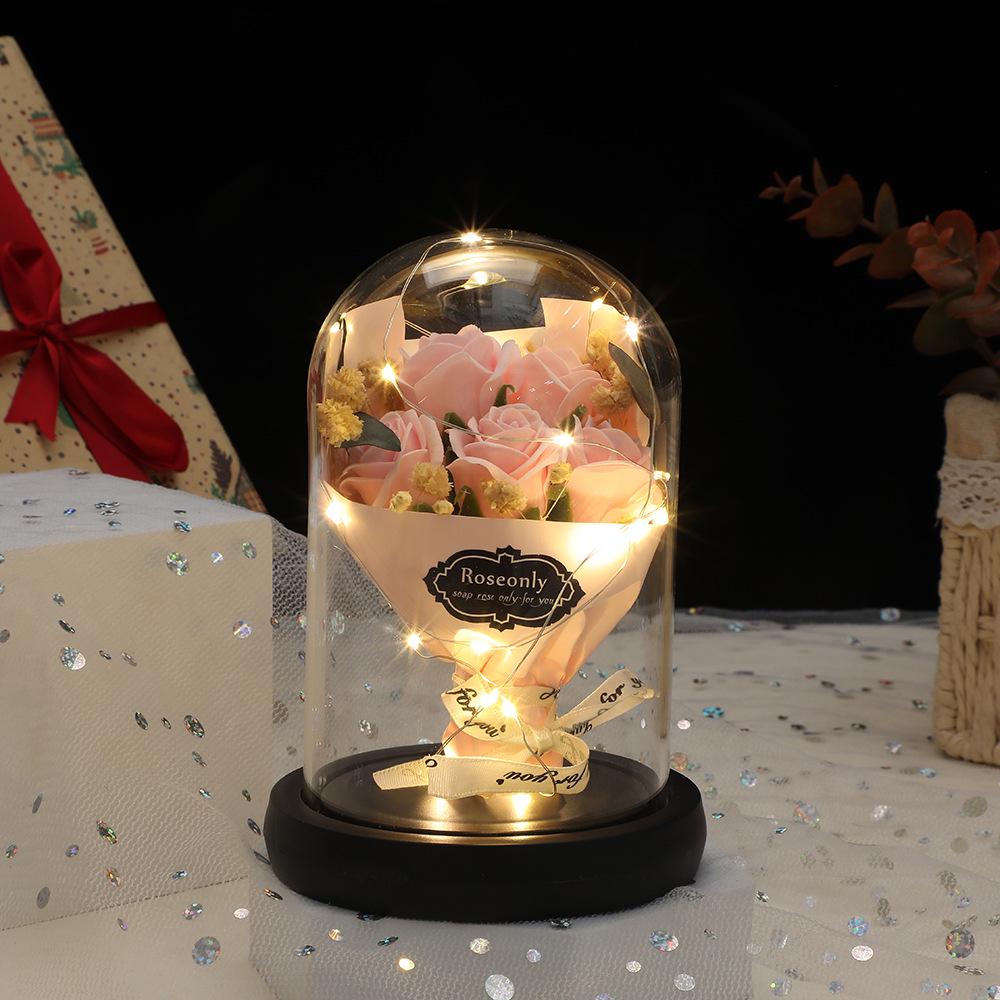 Valentine’s Day Gift: Preserved Rose Night Light Ornament with Artificial Soap Flower, Glass-Covered Souvenir.