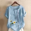 Women's Fashion Round Neck Short Sleeve T-shirt Casual Cotton Linen Graphic Shirt Chrysanthemum Prined Summer Blouse Tops Plus Size