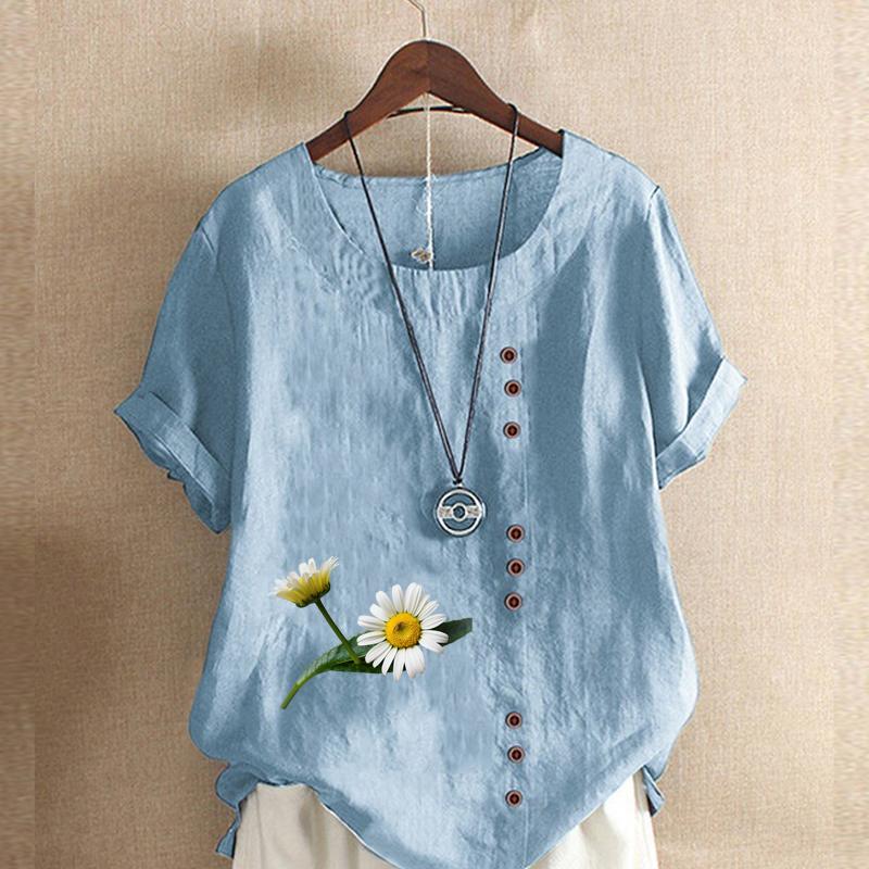 Women's Fashion Round Neck Short Sleeve T-shirt Casual Cotton Linen Graphic Shirt Chrysanthemum Prined Summer Blouse Tops Plus Size