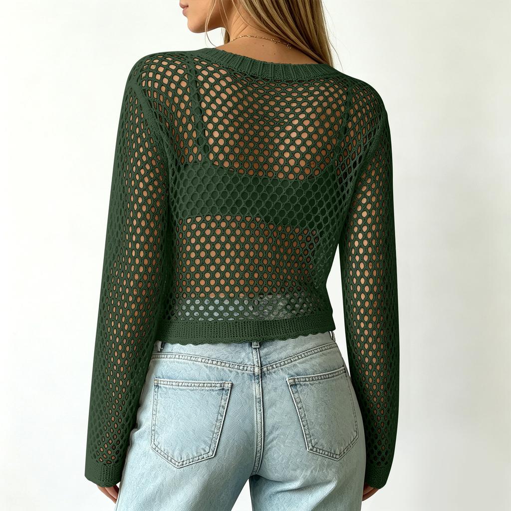 Women Casual Crochet Hollow Out Sweater Top Lightweight Knit Mesh Pullover Half Sleeve Beach Swim Cover Up Blouse