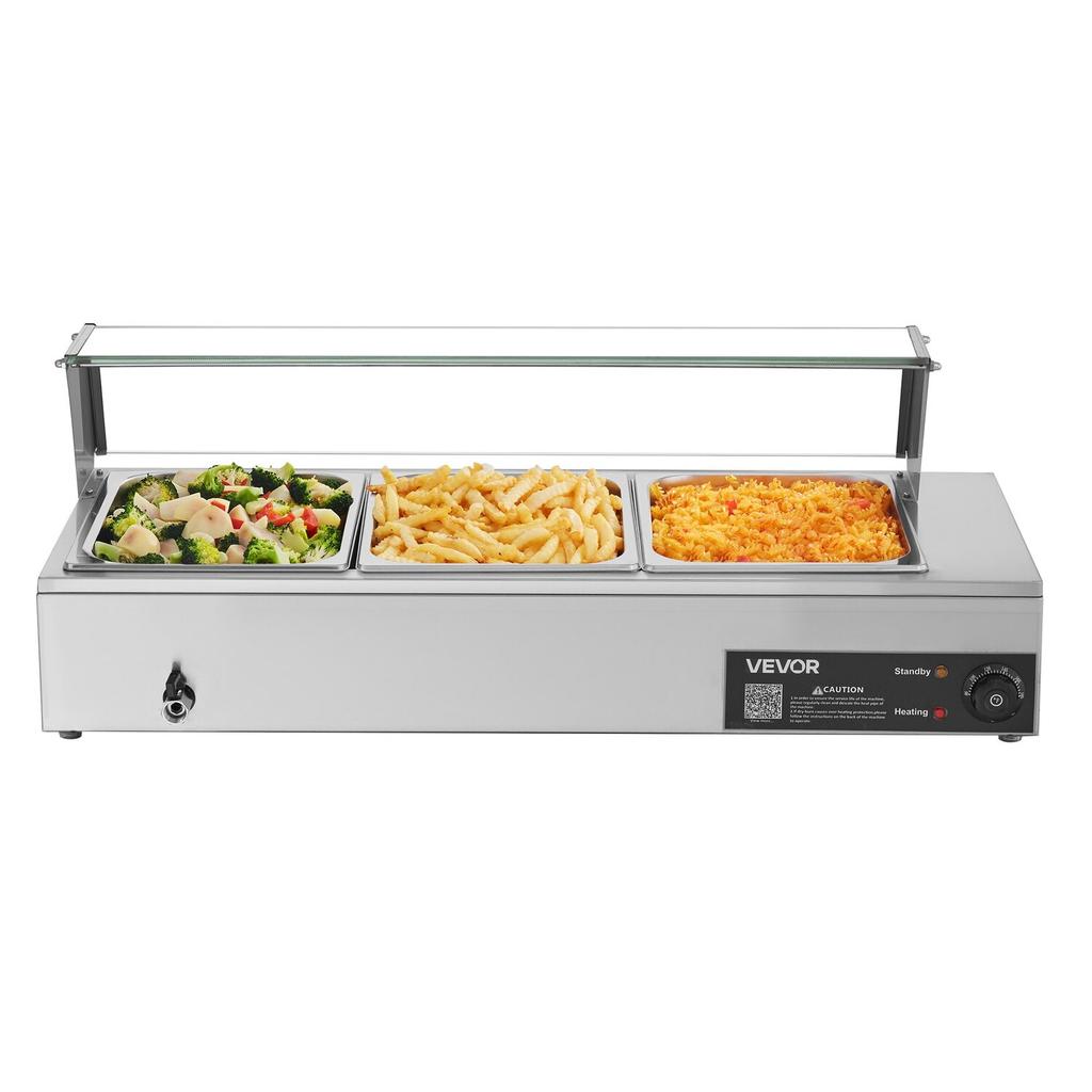 Commercial Food Warmer, 1500W Electric Stainless Steel Steam Food Warmer with Glass Cover, Countertop Buffet Bain Marie with Three 1/2 Size Food Pans,