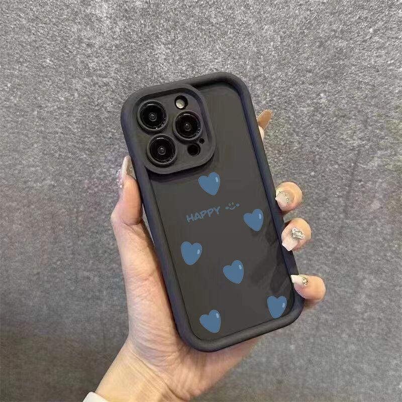 Small blue heart design Phone case iPhone 15 Pro Max 11 12 13 16 14 Plus Silicone Shockproof Case Lens protector shell