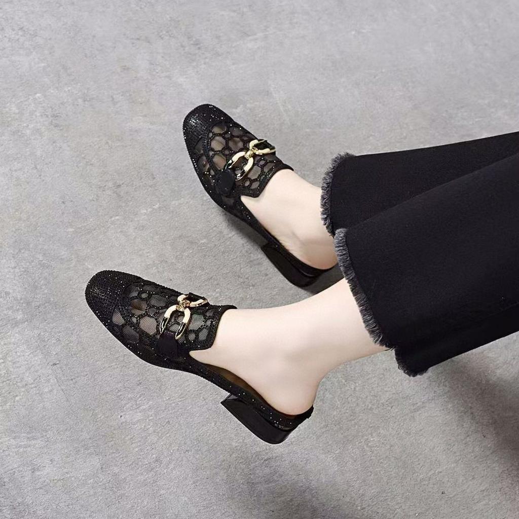 Baotou sandaler dam ytterkläder sommar nya mesh hot diamond andningsbara lata tofflor platt sula låg klack damhalvtofflor