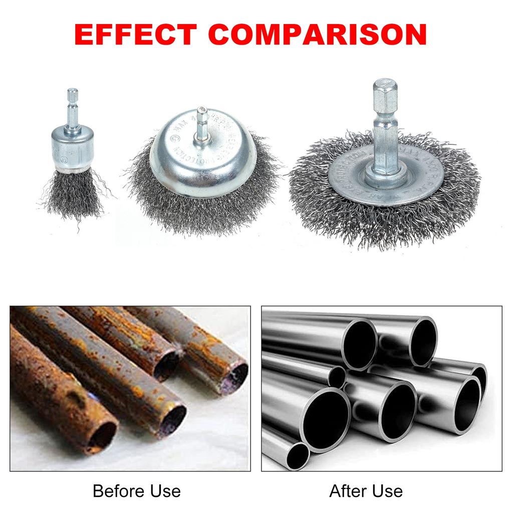 13 Pcs Wire Brush Set for Rusts Removal 0.012in Coarse Carbon Steel Crimping Wire Brush Kit with 1 4 Inch Hex Shank for