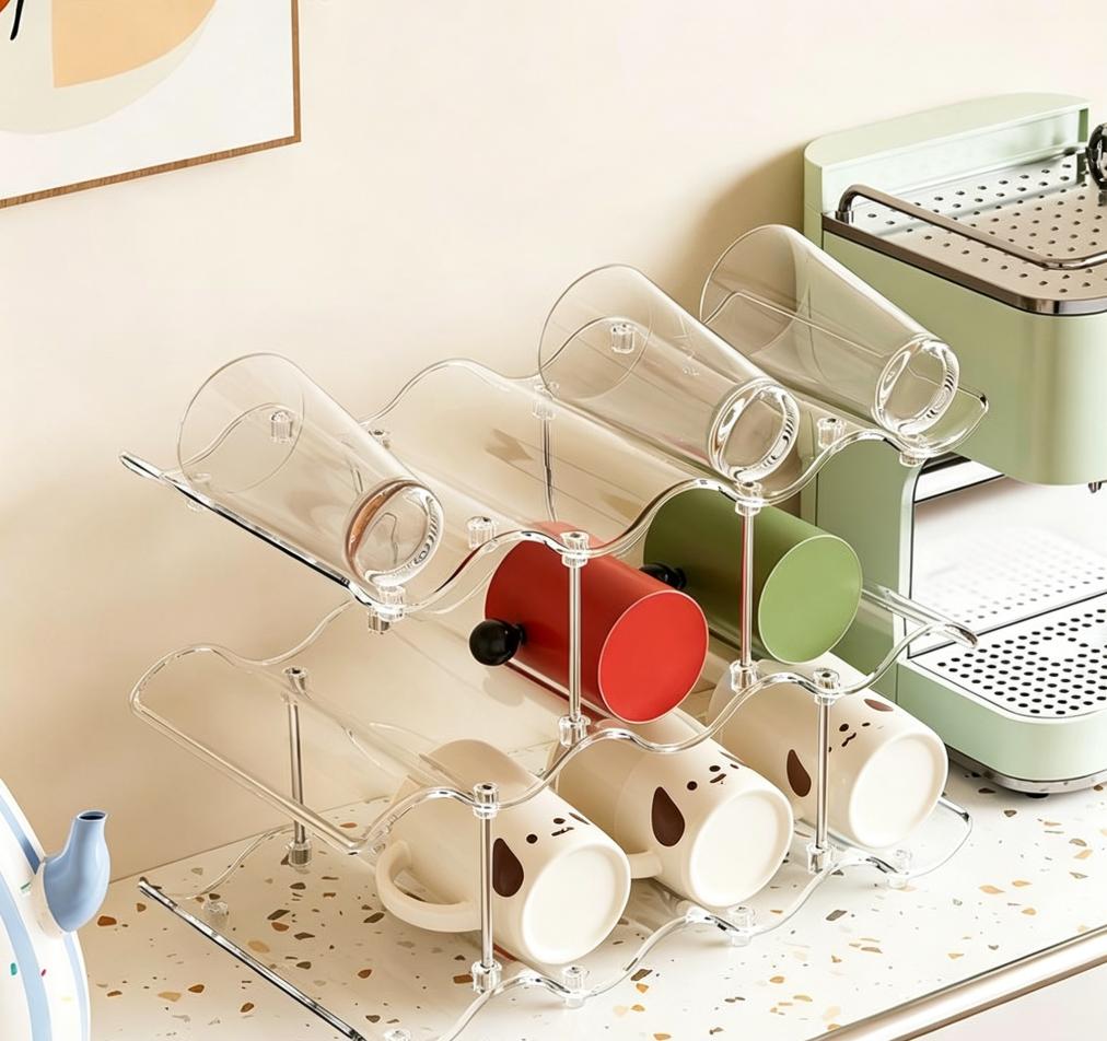 Stackable Colorful Plastic Cup Drying Rack Wave Shaped Mug Organizer For Kitchen Cabinet
