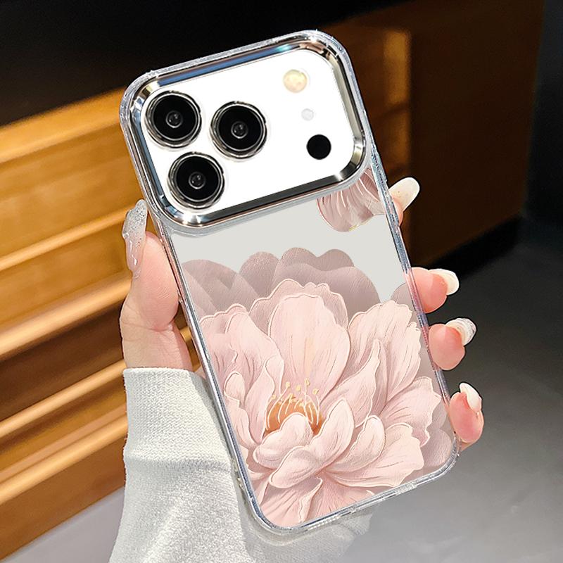 Pink Peony Floral Pattern Case For iPhone 17 Pro Max Plating Lens Frame Clear Soft Cover For iPhone 16 15 14 13 Pro Max 11 16E 17E