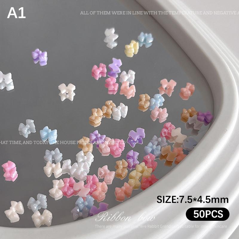 50Pcs Candy Color Bow Nail Art Parts Charms Mini Resin Ribbon Nail Rhinestones Diy Summer Nail Art Decor Accessories