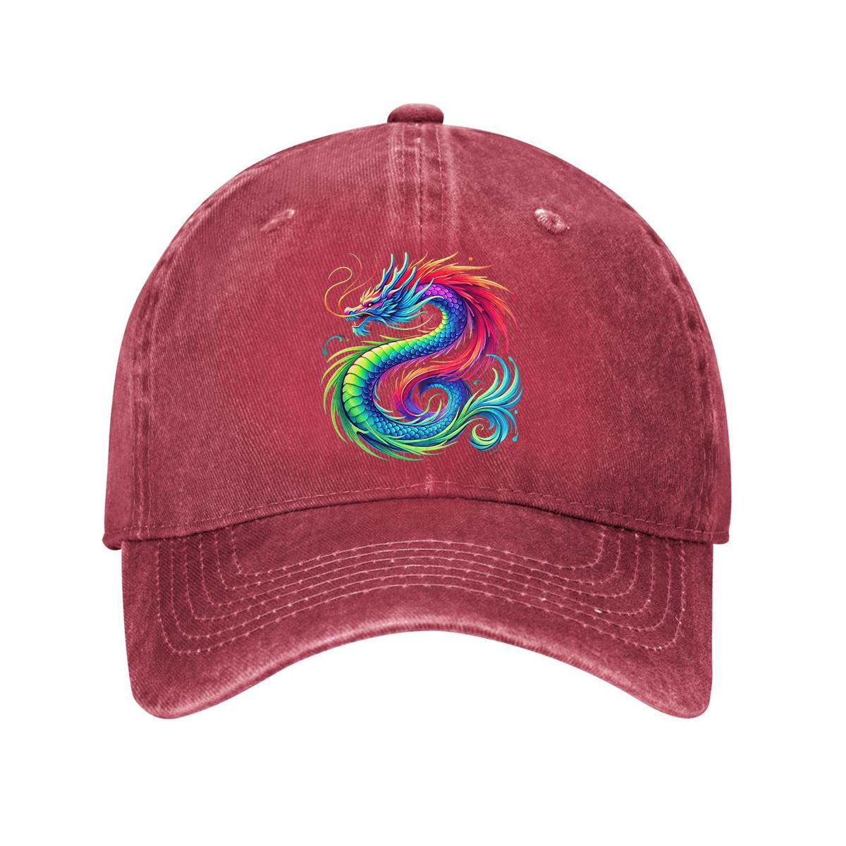 Rainbow Dragon Print Washed Denim Baseball Cap Adjustable Casual Dad Hat Unisex One Size