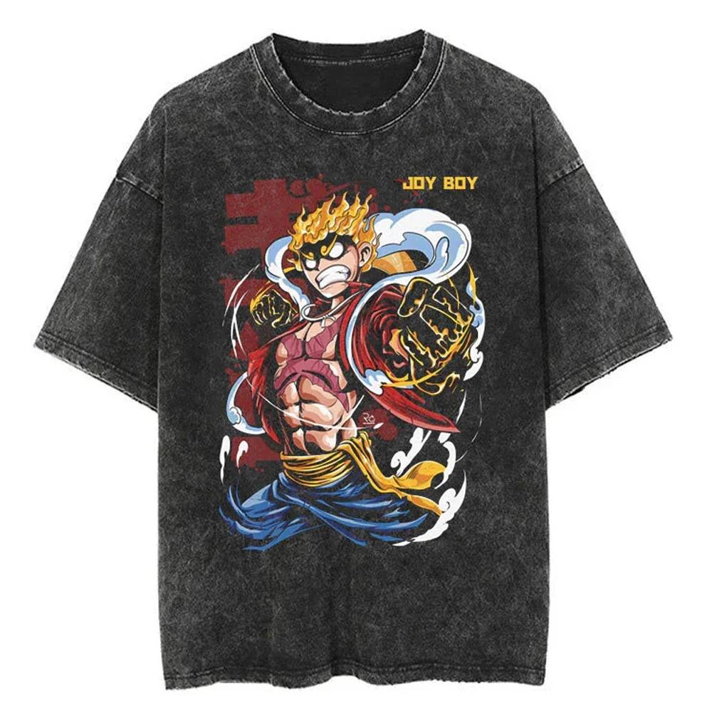 Ležérní prané Harajuku pánské tričko bavlna praná japonské anime One Piece grafické volné streetwear černé topy trička