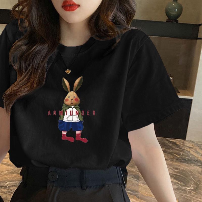 

Женская летняя хлопковая футболка свободного кроя с мультяшным принтом кролика на 2025 год Medium