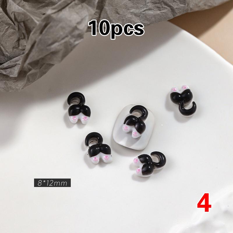 10Pcs Black And White Cat Nail Accessories Cartoon 3D Cute Cat Butt Small Fish Resin Nail Decoration Manicure Jewelry Diy