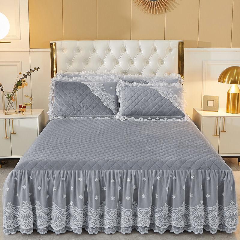 3ks Zesílená podzimní a zimní krajková volánová sukně na postel, Sametová krajková přehoz na postel, Měkká a pohodlná, Ložní prádlo do ložnice a pokoje pro hosty