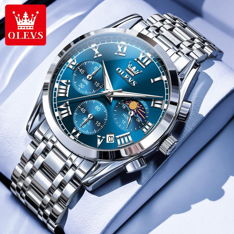 OLEVS Herrenuhr Original Mode Luxusmarke Wasserdicht Leuchtend Quarz Uhr Mondphase Automatisches Datum Uhren für Männer Chronograph