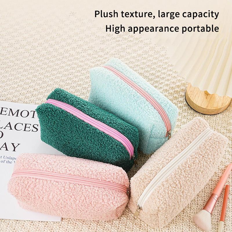 2026 Cute Zipper Plush Large Solid Color Cosmetic Bag Makeup Bag For Women Travel Make Up Toiletry Bag Washing Pouch Pen Pouch