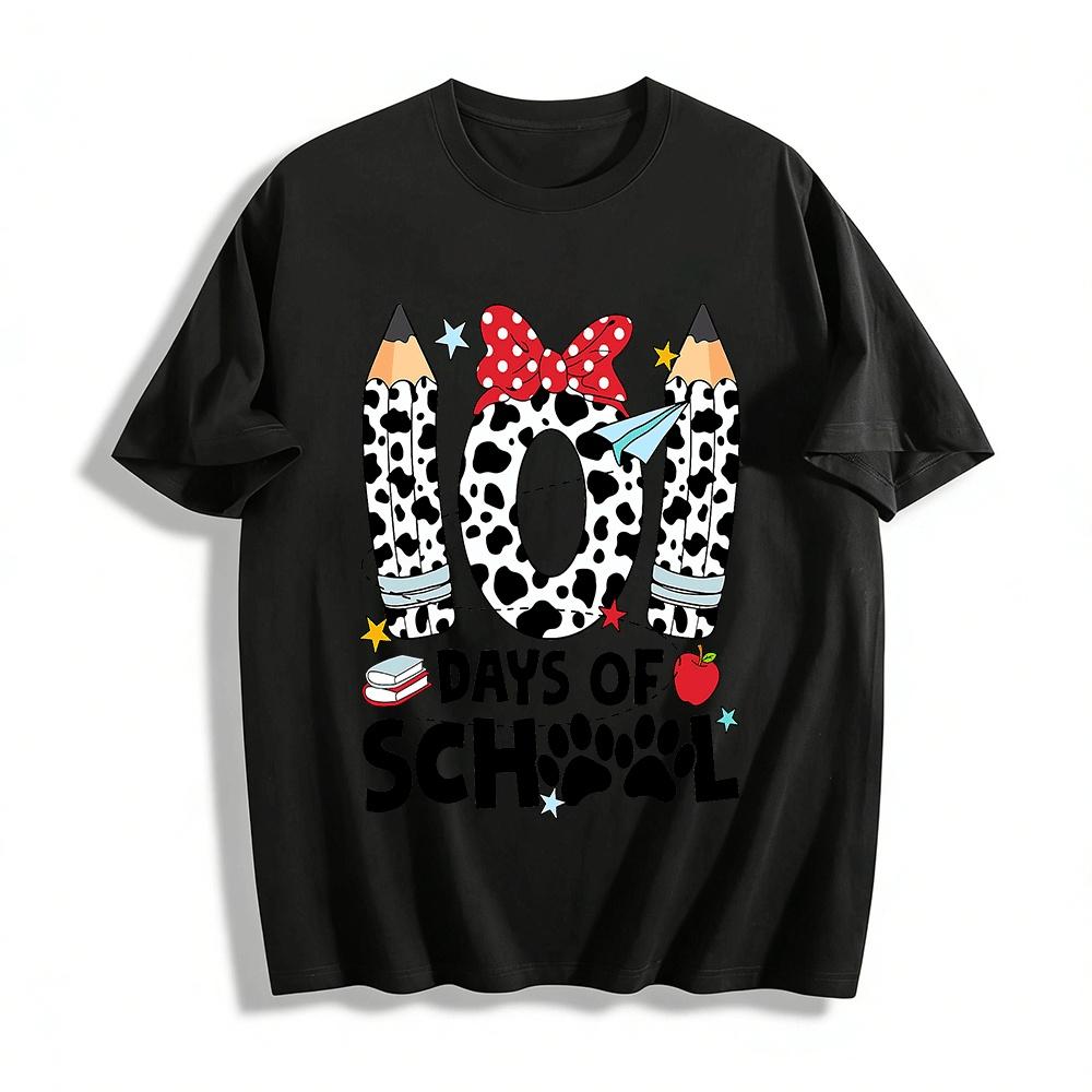 

100 Days Of School Cow Print Pencil Bow Kids School Top Pure cotton T-shirt XXS