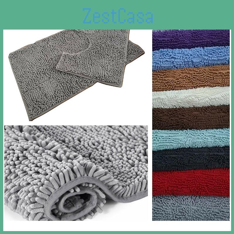 2 Piece Bath Mat Set Non Slip Toilet Pedestal Soft Foam Shaggy Rug Chenille