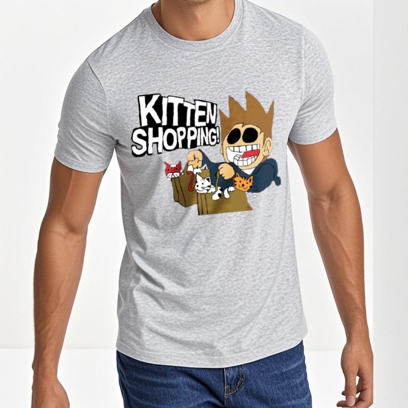 Eddsworld Kitten Shopping Graphic T-Shirt Men's Black Cotton Tee Fashion Casual Streetwear Summer New Top
