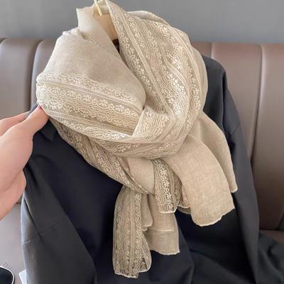 Lines Colored Lace Cotton Linen Thin Scarf for Women In Winter Shawl Spring and Autumn Fashionable Scarf Silk Scarf Solid Color Gauze Scarf