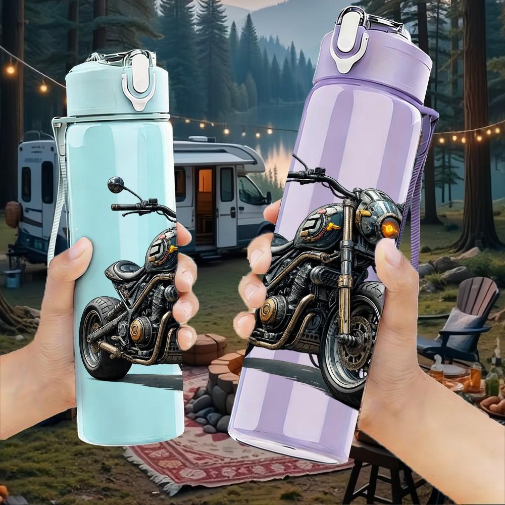1PC Classic Motorbike Art 750ml Color Plastic Sports Water Bottle Leakproof Flip Straw Lid Suitable for Sports Office Home Use