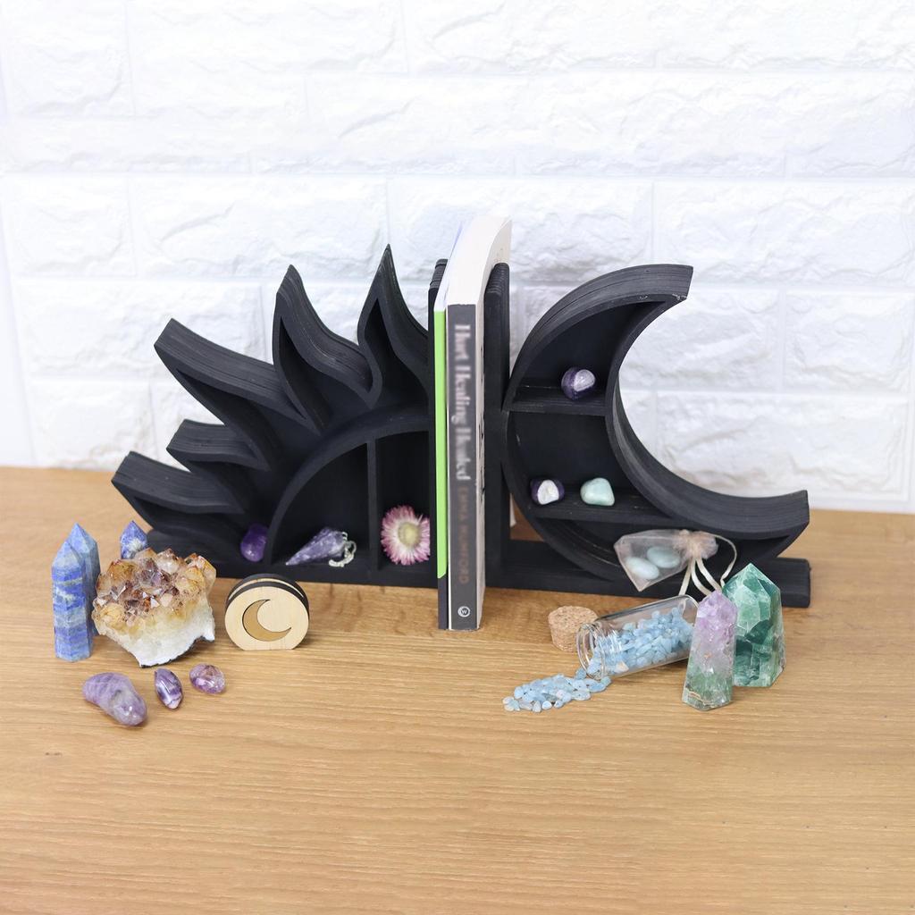 New Moon & Sun Round Wooden Wall Crystal Shelf - Home & B&B Pendant Decor