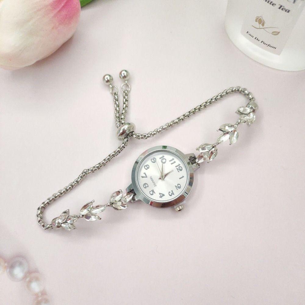 Numeral Dial Women Bracelet Watch Violet Leaves Diamond Setting Elegant Quartz Watch Round Alloy Case Adjustable Luxury Watch