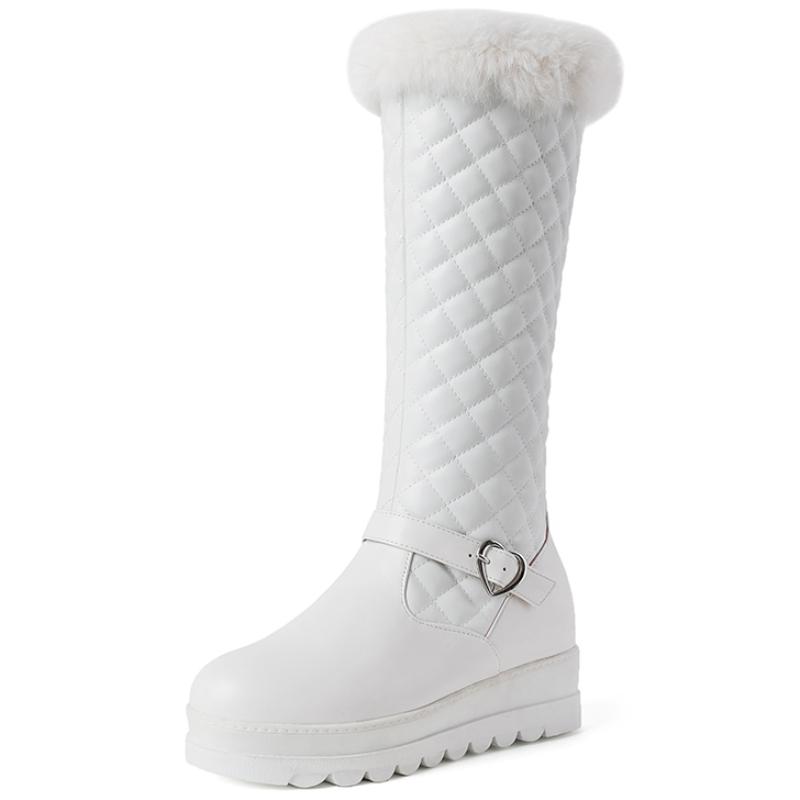 

Модные женские зимние меховые сноубутсы черные белые розовые сапоги до колена для девочек на танкетке с декоративной отделкой обувь дождевая водонепроницаемая 38 белый