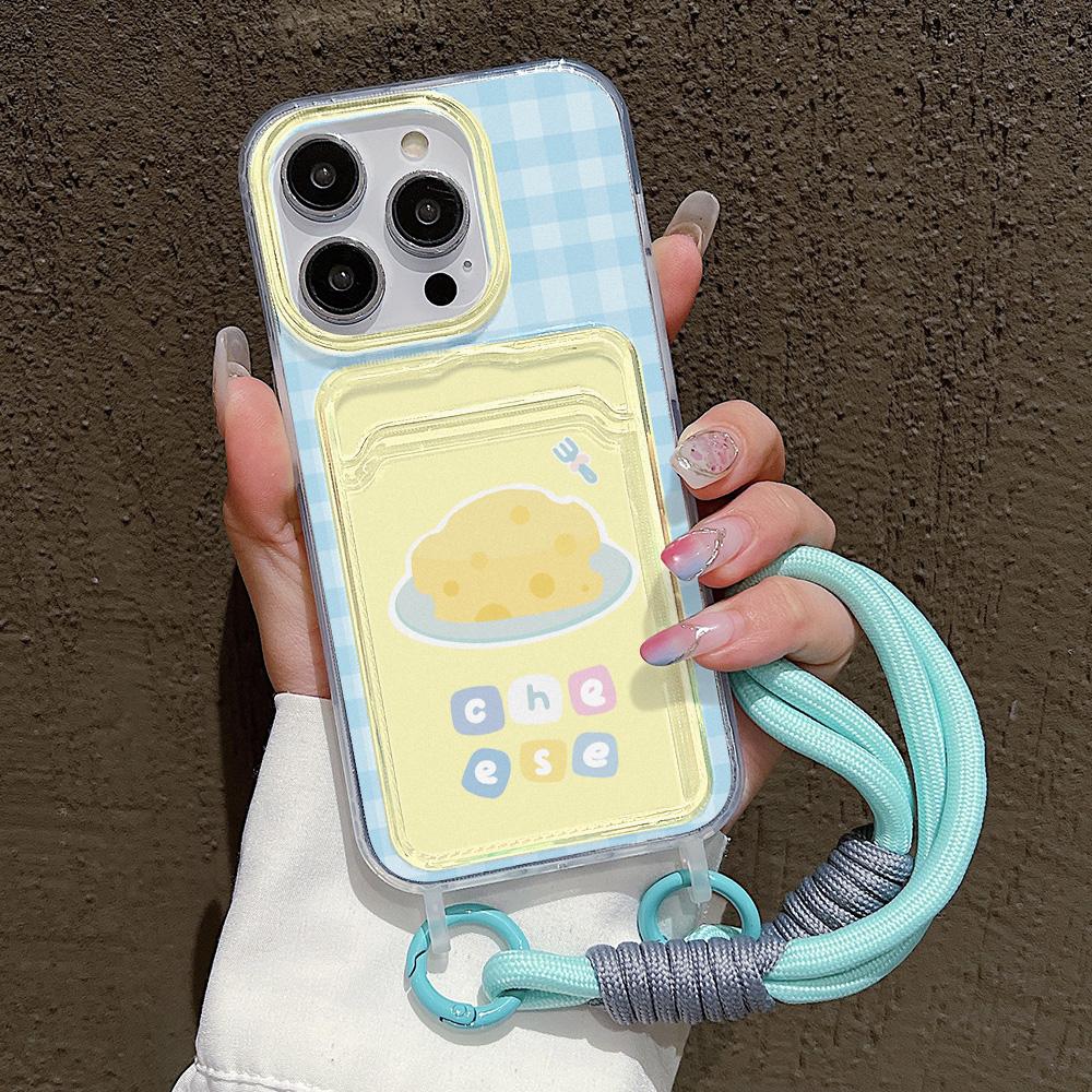 Cute Cheese Card Slot Bag Holder Phone Case For iPhone 15 16 Pro 13 11 12 14 Pro Max XR XS X 7 8 Plus SE  Lanyard Soft Cover