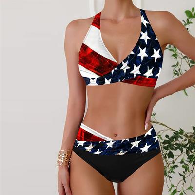 Bikini de Baño para Mujer Traje de Baño de 2 Piezas Espalda Descubierta con Tirantes para la Playa Estampado de Estrellas Camuflaje Azul Trajes de Baño Traje de Baño con Cuello Halter