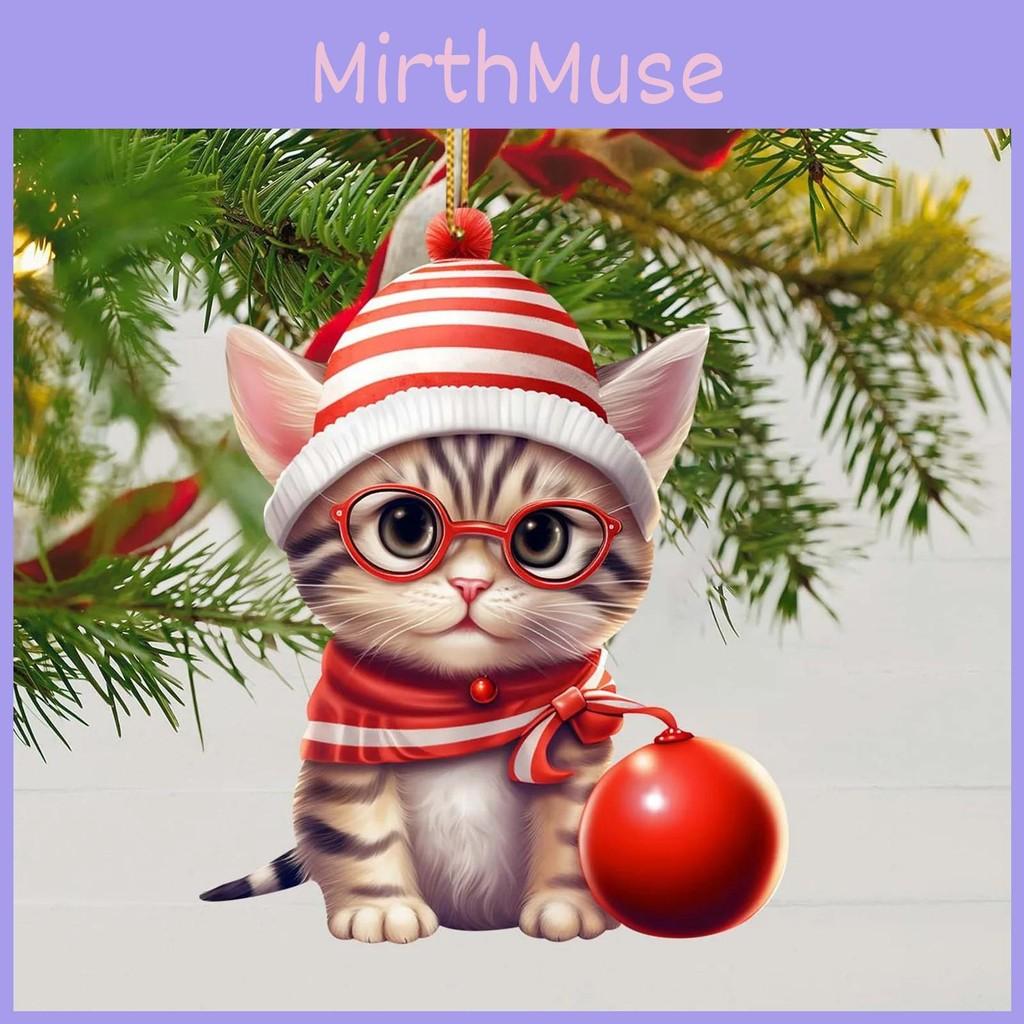 Flat Acrylic Surface Pendant With Cute Cat Wearing Christmas Hat Decor Design