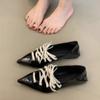Two-Way Wear Sharp Head Bright Leather Shoelace French Retro Slip-On Small Single Shoes Spring Autumn Season Ladies Casual Shoes