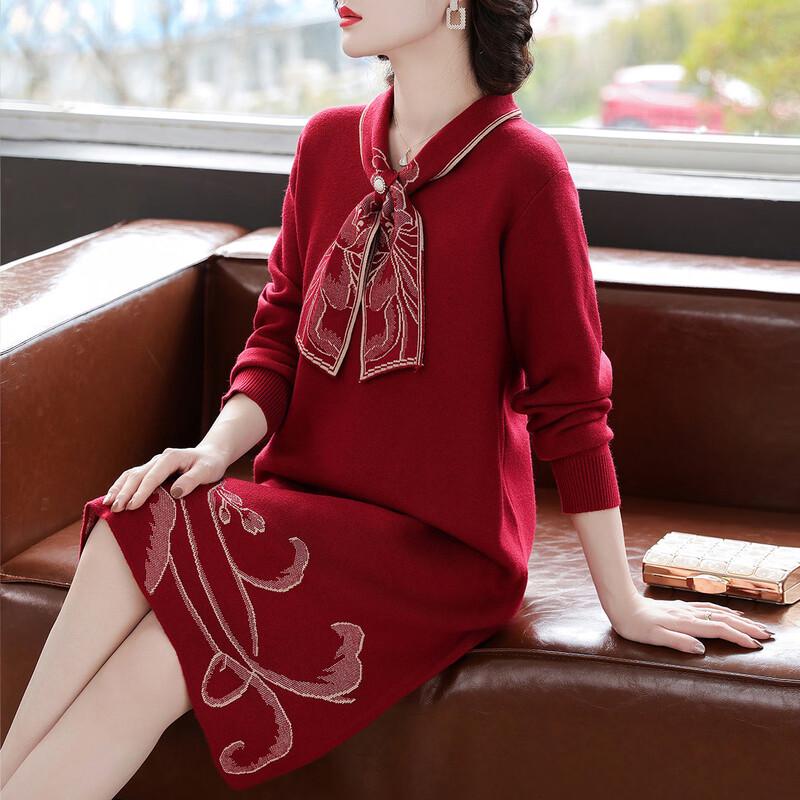 

Baolianduo Women s Fall/Spring Tie-Neck Knit Midi Dress L