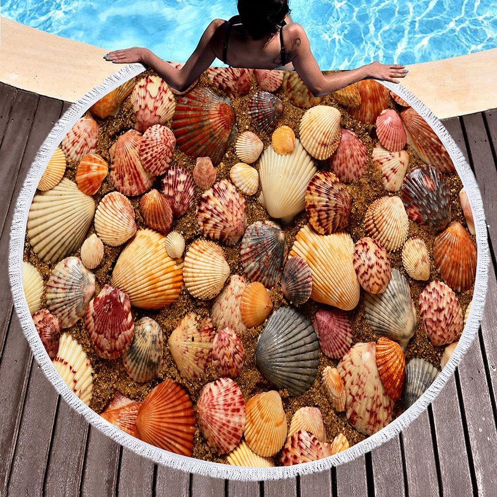 Beach Starfish Shell Round Beach Towel, Microfiber Beach Blanket, Absorbent Quick Dry Sand Free Pool Towel Portable Picnic Mat