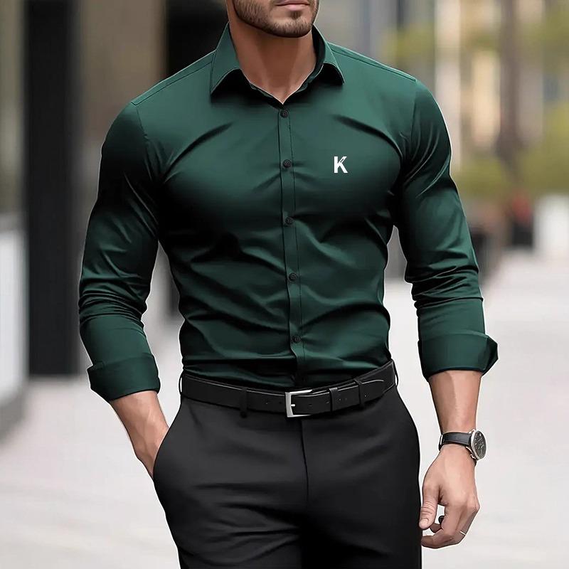 Spring and Autumn Men's Long Sleeve Collar Solid Color Shirt Men's Casual Thin Fashion Button Open Shirt Micro Elastic