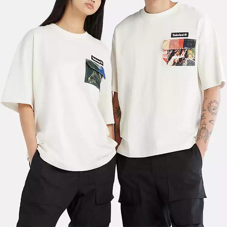 Timberland Pattern Print Pocket Spliced Round Neck Short Sleeve T-Shirt Unisex Tops Vintage-White A6B5P-CM9