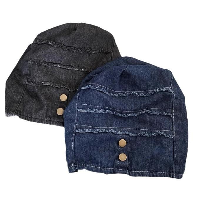 Vintage distressed button denim pile hat for women, fur edge sweater hat, autumn/winter niche wrapped hat, face-hugging little versatile
