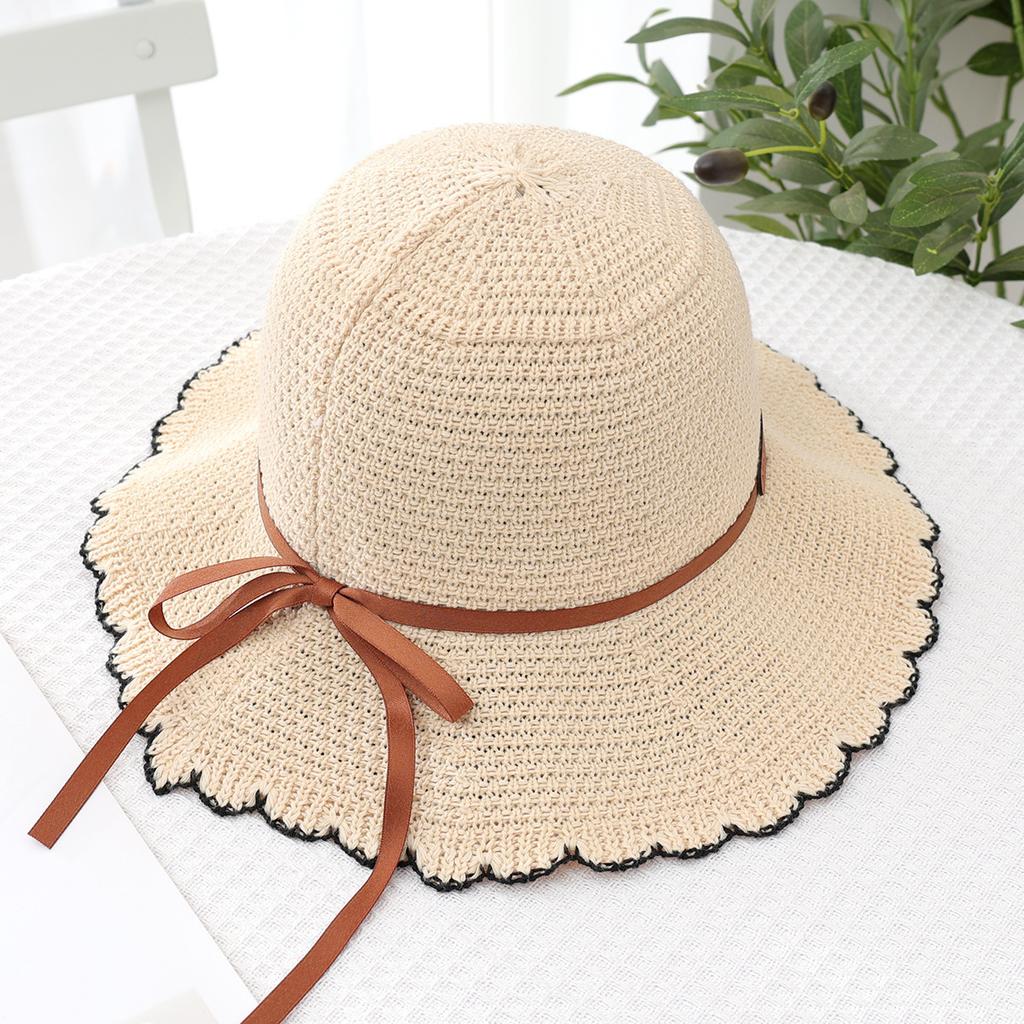 Hat women's summer cut-out breathable sunscreen bucket hat foldable knitted sun basin hat with large brim