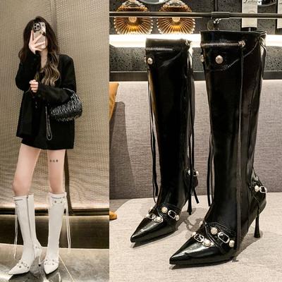 Sexy Kniehohe Stiefel Winterstiefel Markendesign Superhohe dünne Absätze mit Nieten Retro-Mode Coole Damenschuhe Große Größe 46