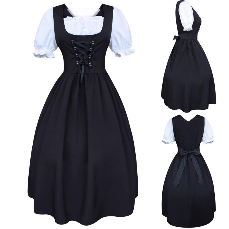 Womens Drawstring Medieval High Waist Bowknot Lace Up Cosplay Dress Costume