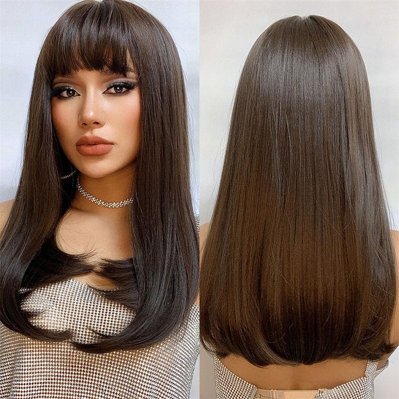 Cover Bangs Gradient Gray Long Silk Wigs High Temperature Chemical Fiber Wig Head Straight Hair
