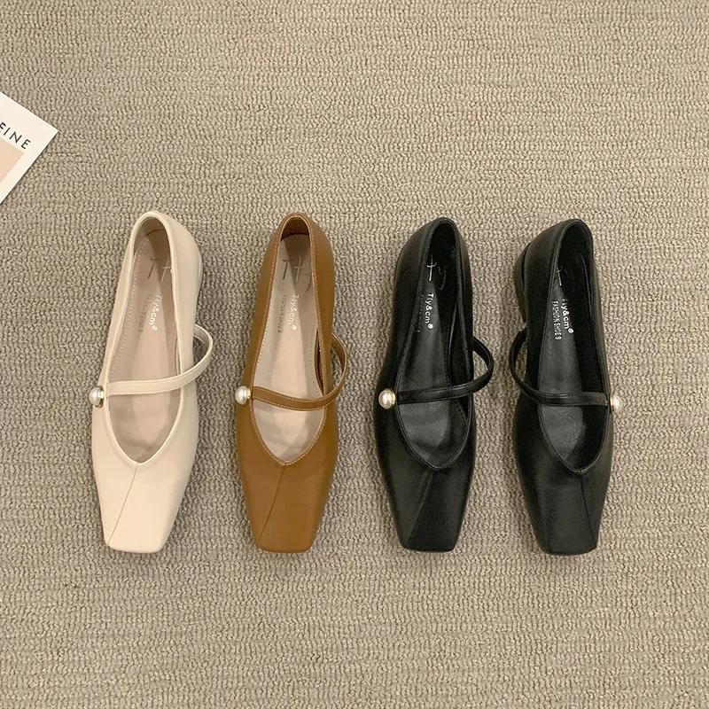 Fashion Woman Flat Shoes 2025 Autumn New Flat Bottomed Pearl Square Toe Comfortable Banquet Design Mary Jane Women's Shoes Zapatos Mujer