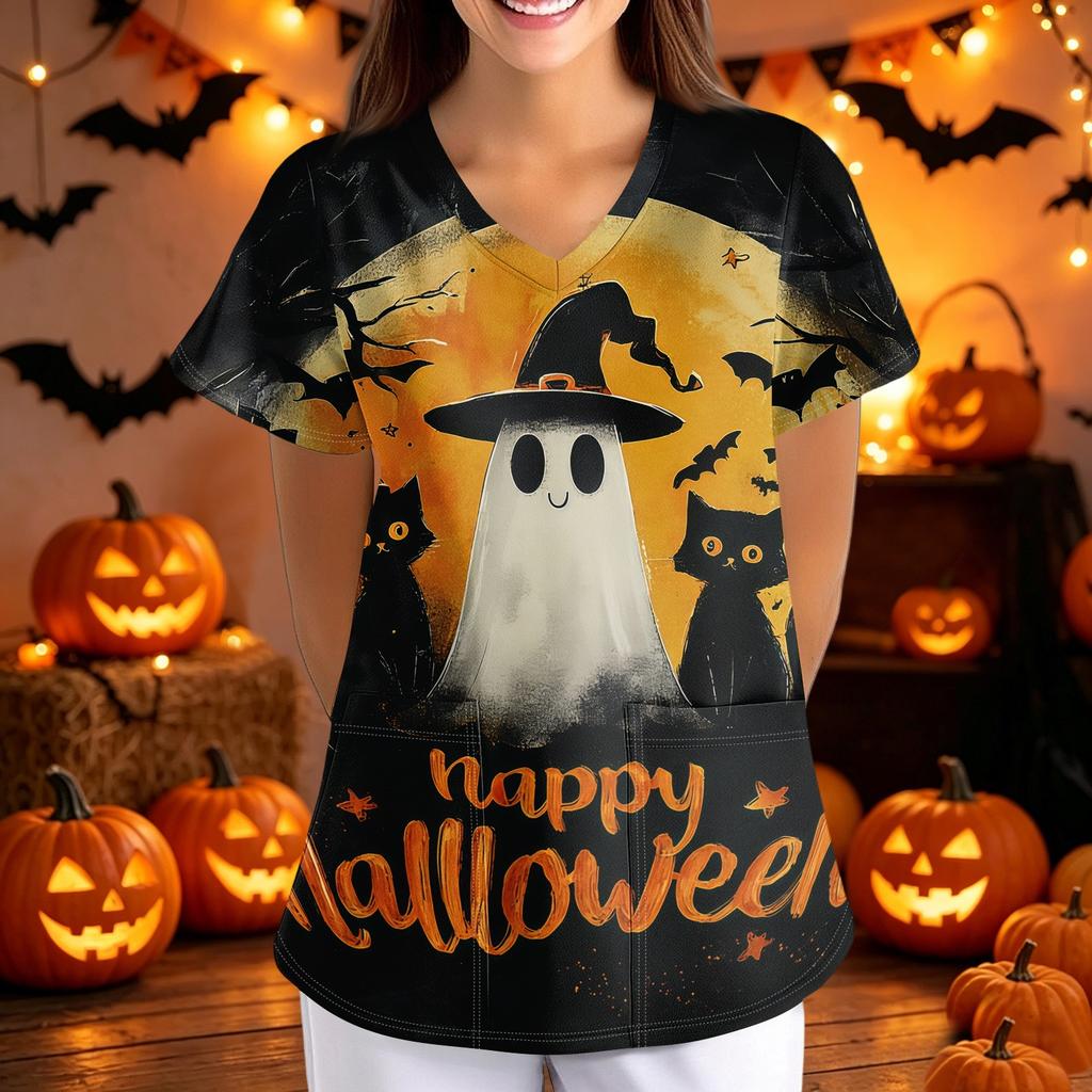 Loose Fit V Neck Short Sleeve Halloween Print Medical Scrub Top with Pockets for Women Nurses Caregivers Workwear