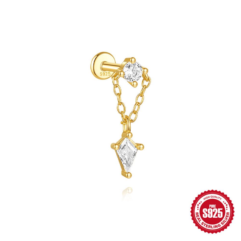 Stylish And Simple Ins Wind S925 Sterling Silver Kite Stone With Diamonds Flat Head Internal Thread Puncture Earbone Stud Female